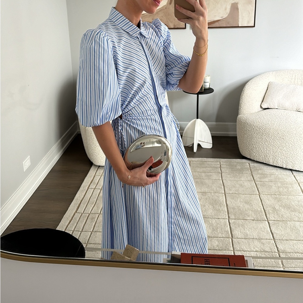 Bardot Blue and White Striped Puff-Sleeve Midi Shirt Dress